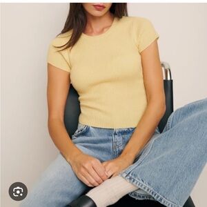 Cashmere Yellow Ribbed Short Sleeve Top